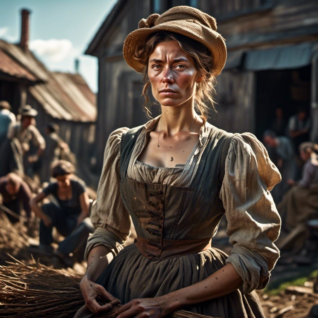 <lora:Black Characters:1.0>sad 1800s workingclass woman, sunny day sky, dramatic centered view