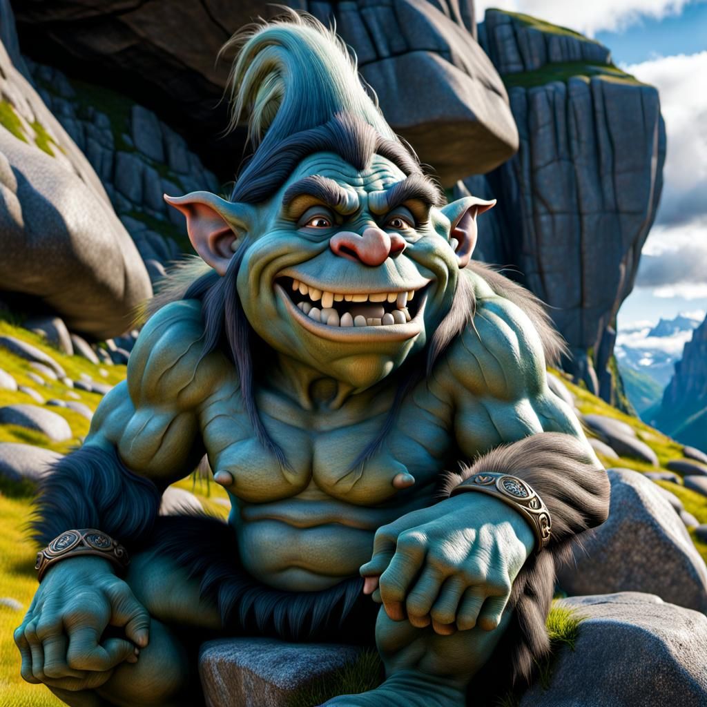 Troll sitting on the edge Trolls Tongue Rock in Norway.