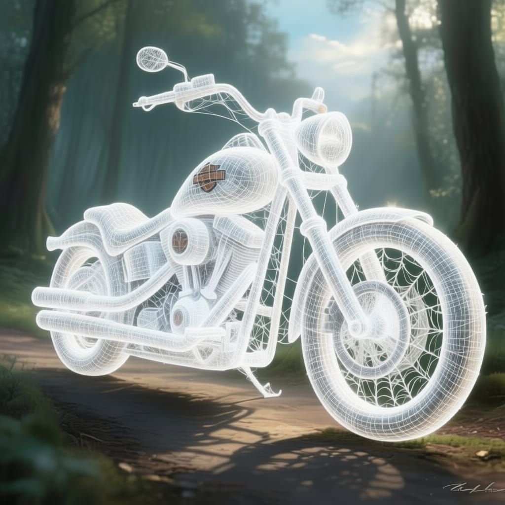 A hyper-realistic spiderweb Harley