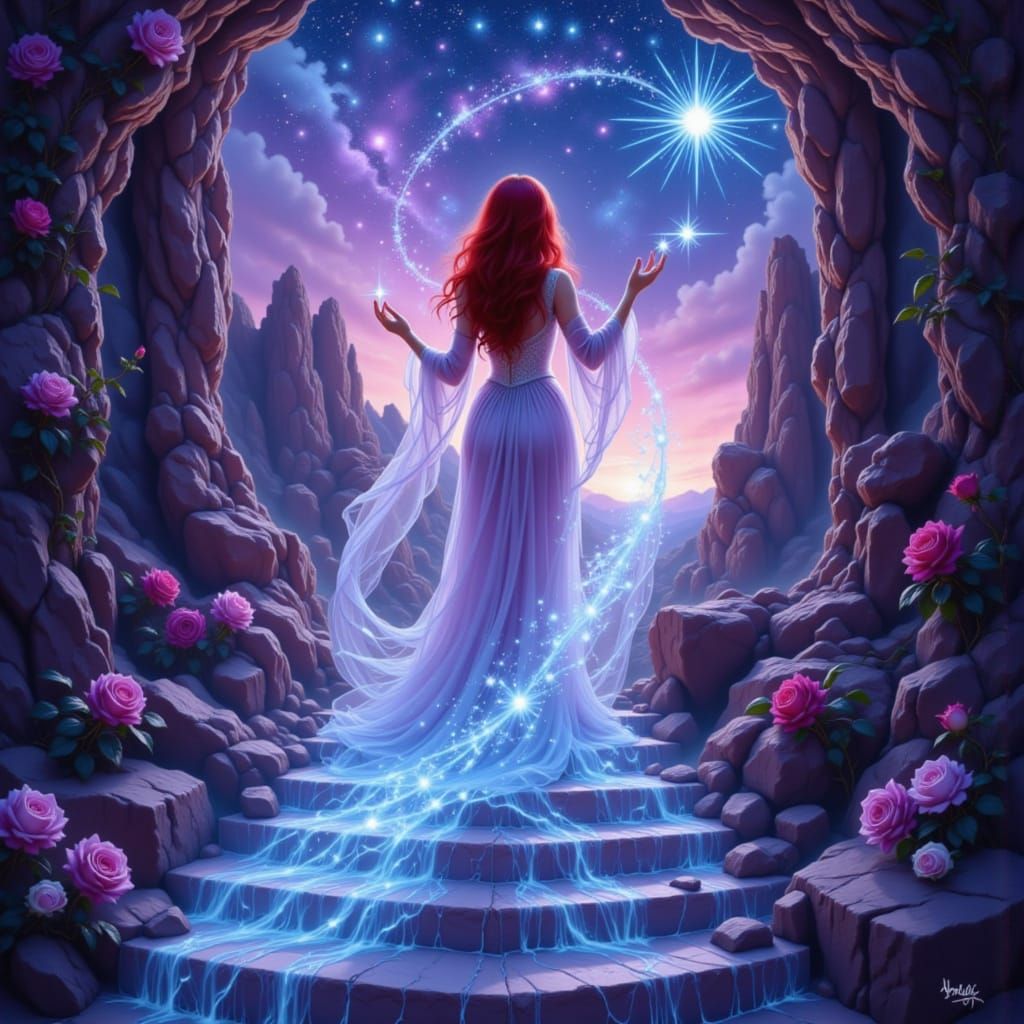 Woman Creates Cosmic Stairway with Magic, Visionary Style