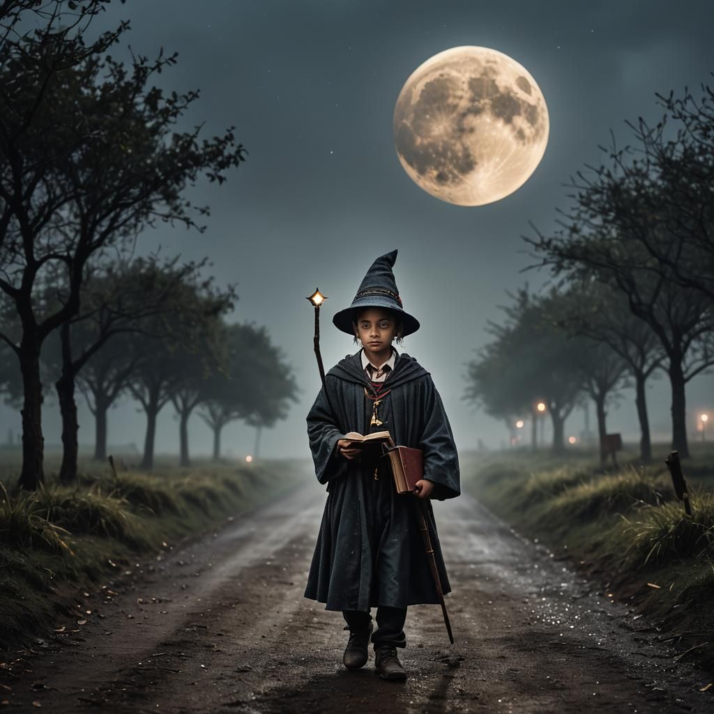 a tiny wizard with a wand and books going back to school. De...