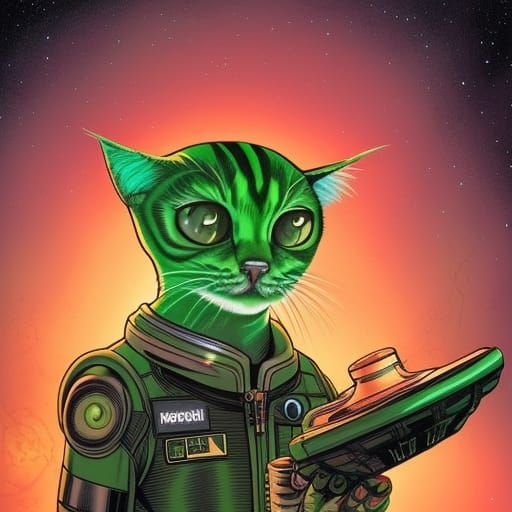 Green alien cat 
astronauts with Space X drinking cups of co...