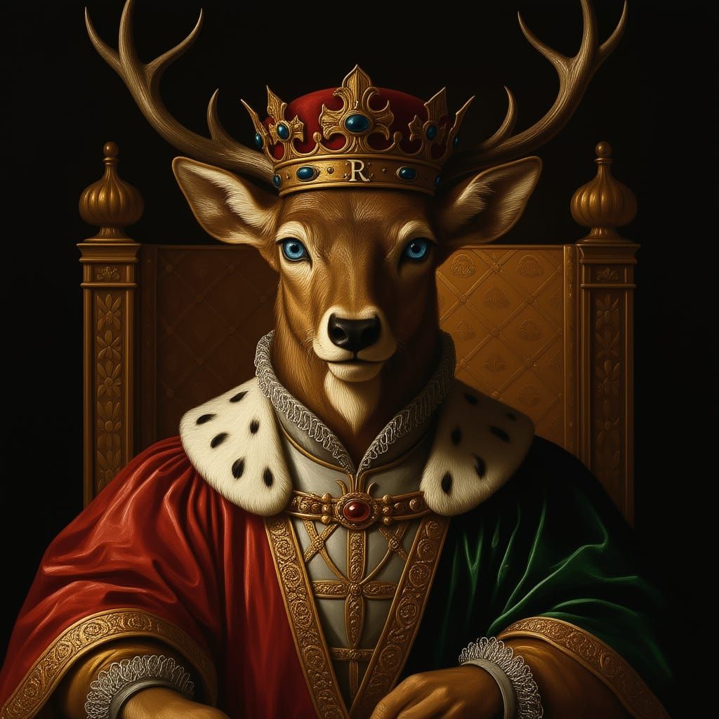 vintage old oil painting style upper body medieval stag deer head with large antlers wearing crown with the letter R engraved on the front o...