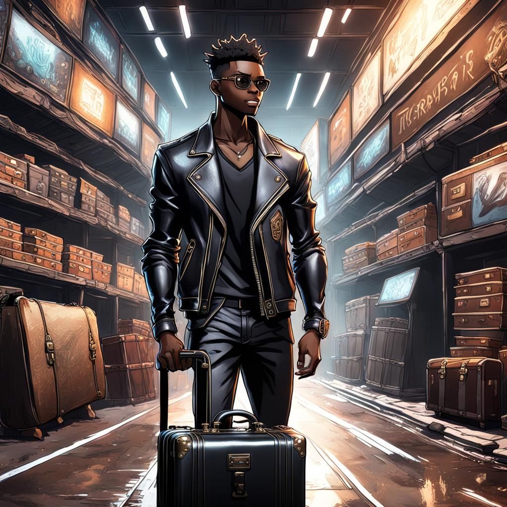 a black manga boy with a black leather jacket with a suit ca...