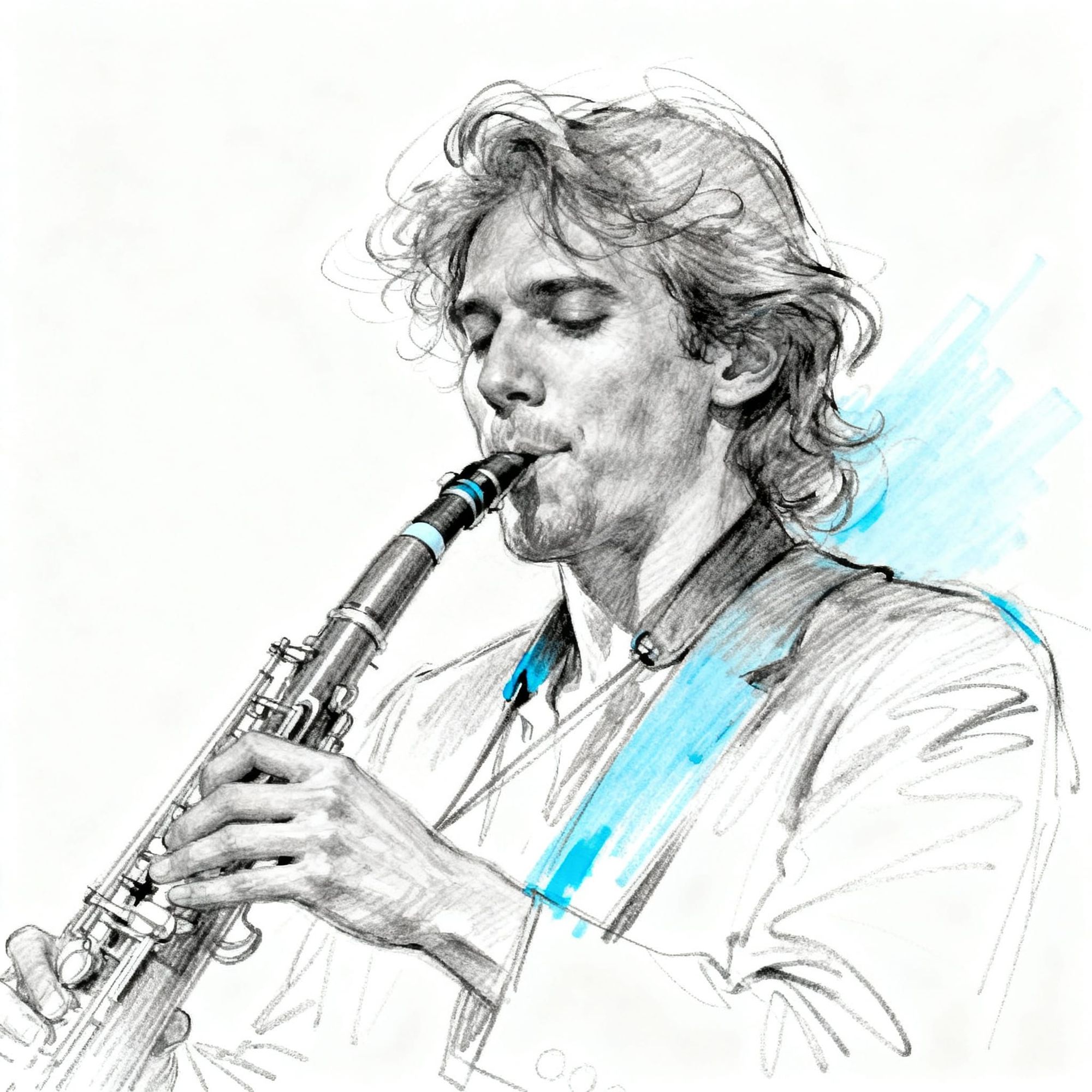 designsketch musician portrait, expressive pen linework, promarker warm gray shading for form, white paper, accent pastel blue
 - Start Image 1