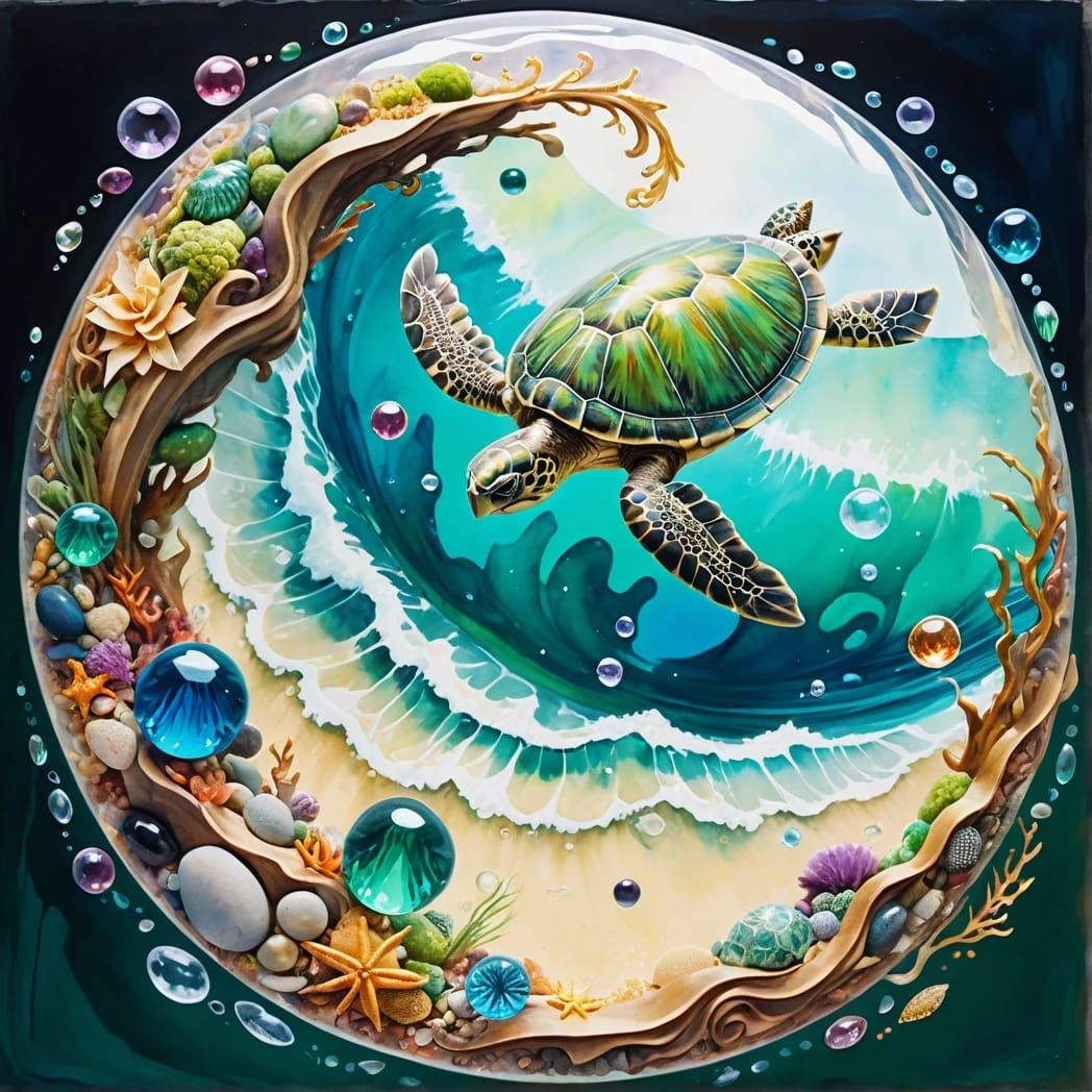 (VARIATION of) Double exposure : spinning wave oceancore + honu turtle made of gemstones in a drop of water.