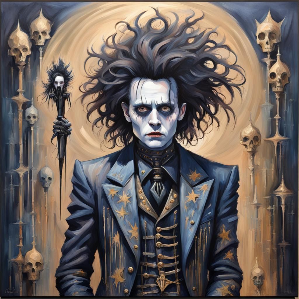 Painting of Edward scrissor hands, detailed, gothic style, blue and gold color colours.