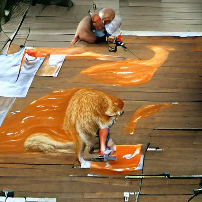 Cat painter painting an orange cat