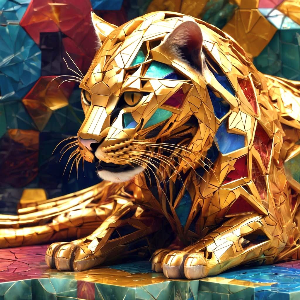 Surrealist digital painting. A Smilodon Sabre Toothed Cat lost in in a 3-D psychedelic and weird geometric puzzle, inspired by M.C. Escher, ...