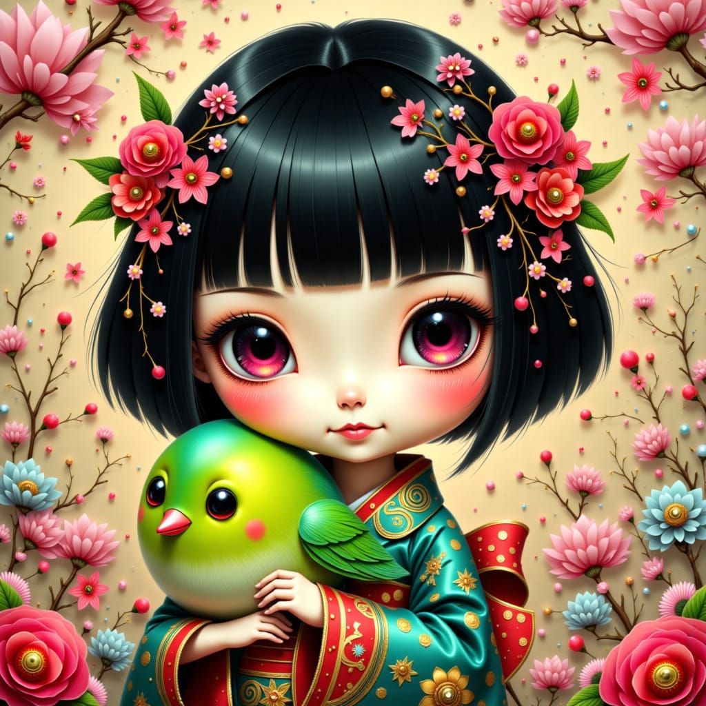 Ichimatsu-ningyo doll with pale porcelain skin, black blunt-cut hair, and vibrant multicoloured kimono, cradles a lime-green uguisu bird, ag...