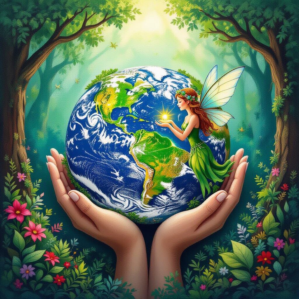 3d creation of Mother Earth held in the hands of a forest fairy deep color storybook illustration chalk ...  by @Oma