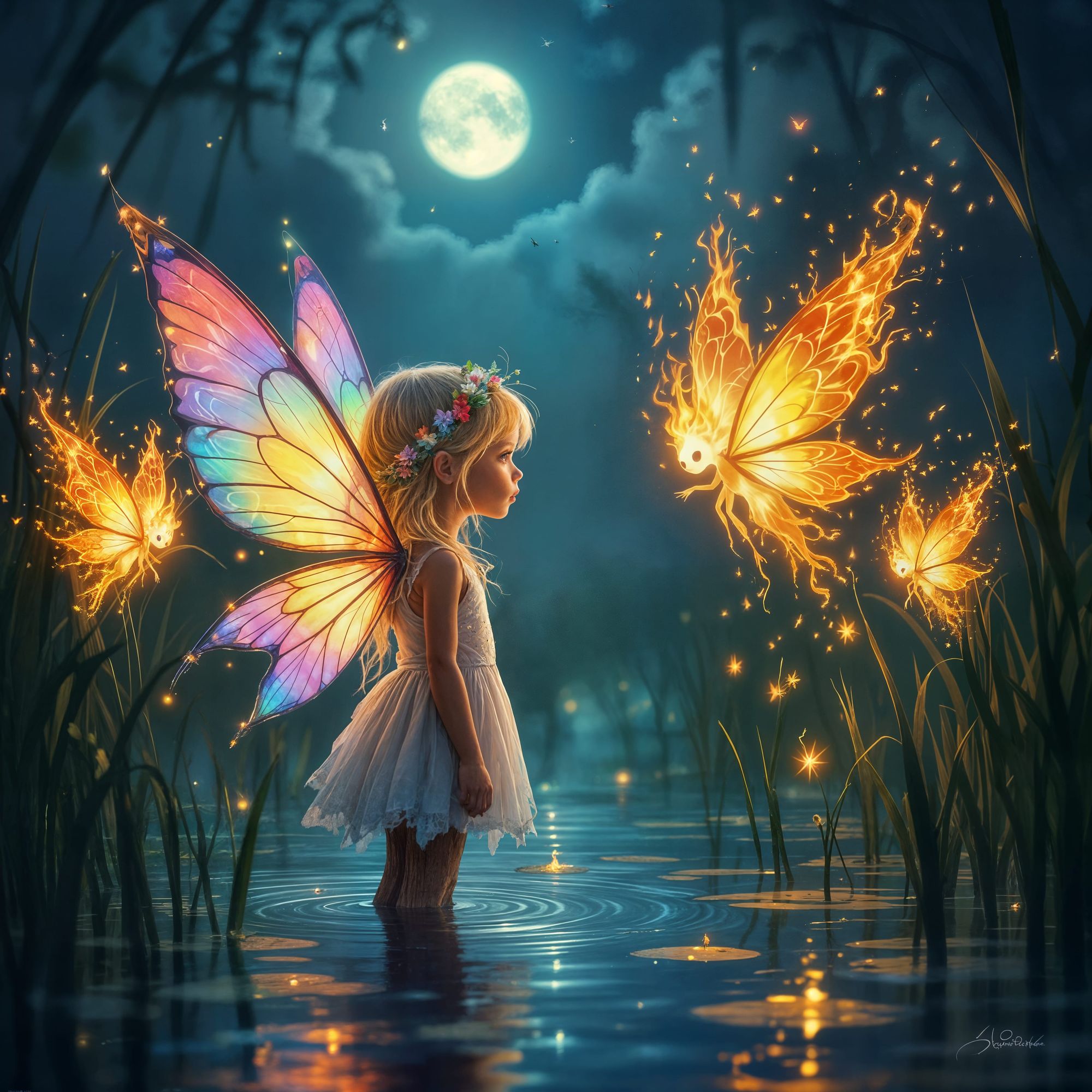 Little blonde girl with colorful fairy wings stands among the reeds in a ethereal foggy swamp with glowing plants under moon and stars as he...