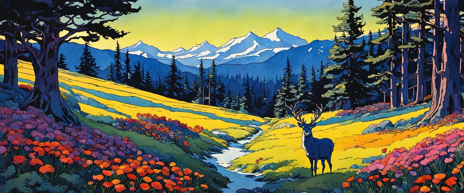 warm summertime scene, flowers, rudolf the red nose reindeer, santa claus, white, mossy green, indigo blue, sunshine yellow-orange, magenta-...