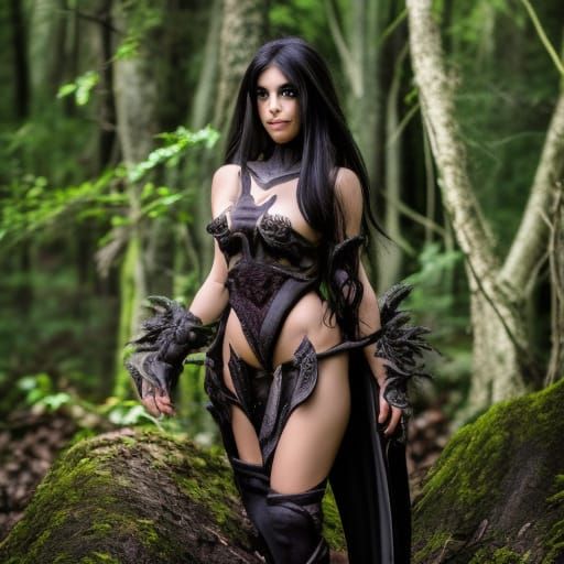 wild dark elf female in overgrown mutated forest