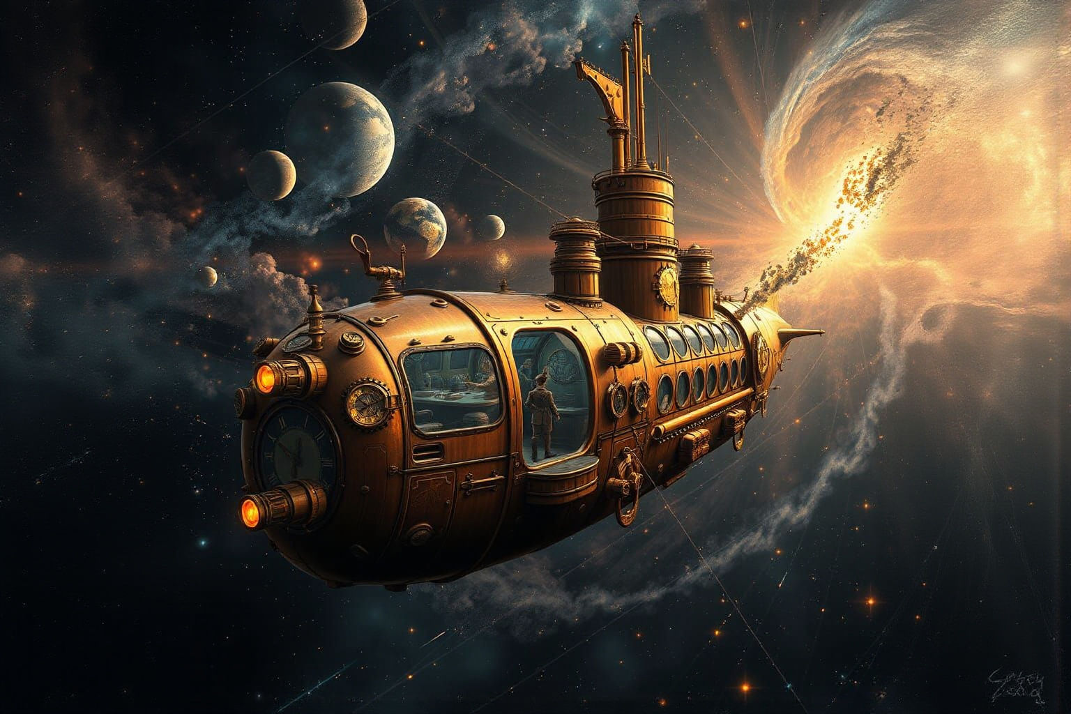 Digital painting. Wide shot. A copper-hulled steampunk submarine sails through the inky blackness of space, its hull adorned with glowing ru...