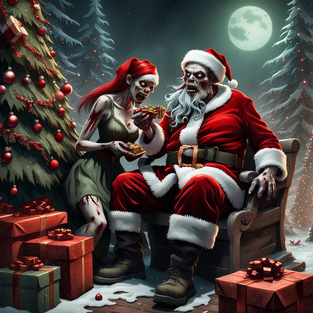 Zombie fleshing eating santa getting the presents ready for the trees ...