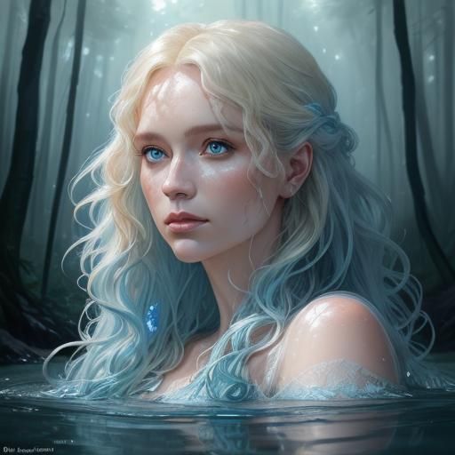 Woman with soft blonde curly hair and icy blue eyes emerging...