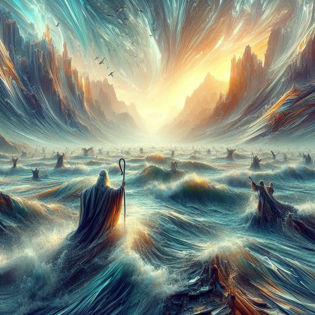 Moses, egiptian, spread out Nilo River. dual Tone, surreal landscape, fantastic creation, great textures, intrincated de...