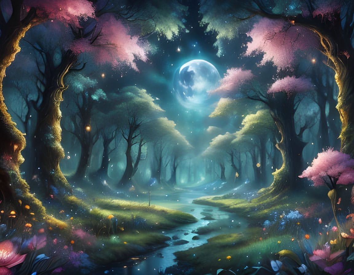 A beautiful GLADE with MAGIC in full bloom under a MOON <lora:Fantasy Inkling:0.5> <lora:Fantasy:0.5> ...  by @Lyndsey