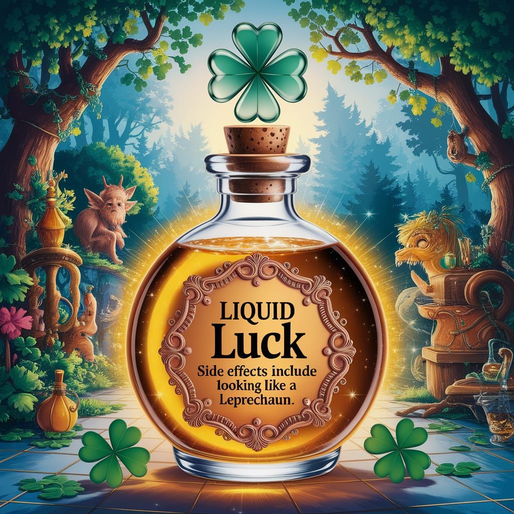 : An extremely realistic looking potion in a ornate glass bottle, labeled 'Liquid Luck - Side effects ...  by @Dantonio