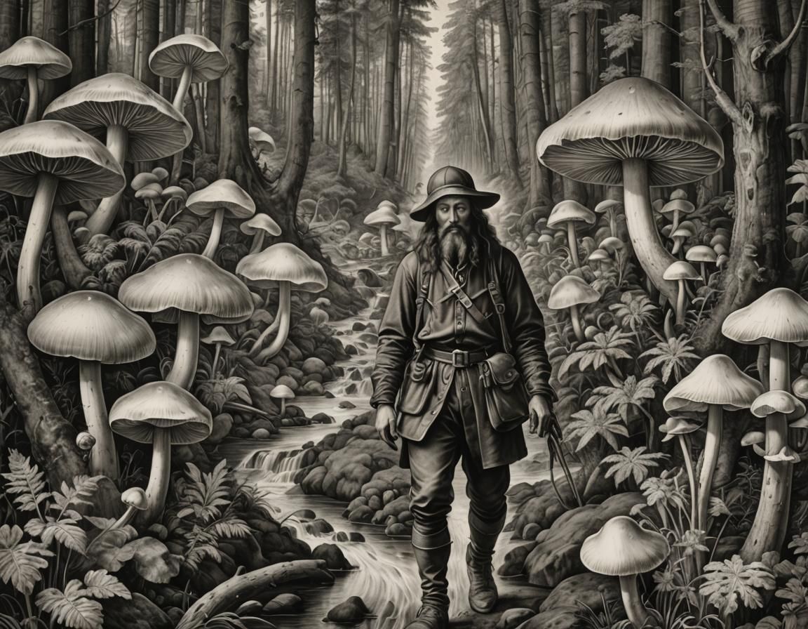 an explorer in forest of giant mushrooms this a river runnin...