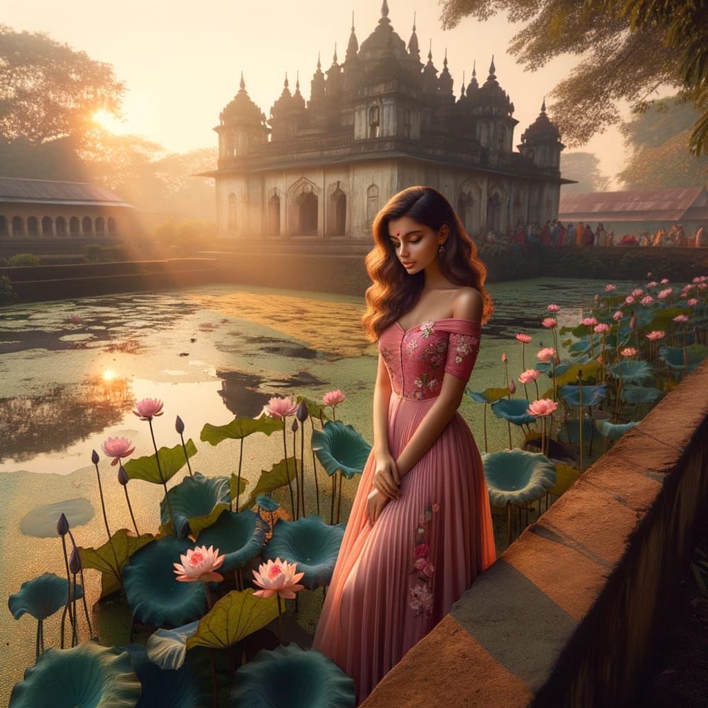 Generate a image.A beautiful Bengali girl wearing a pink frock is standing in front of a pond full of lotus. Golden ray of the setting sun f...