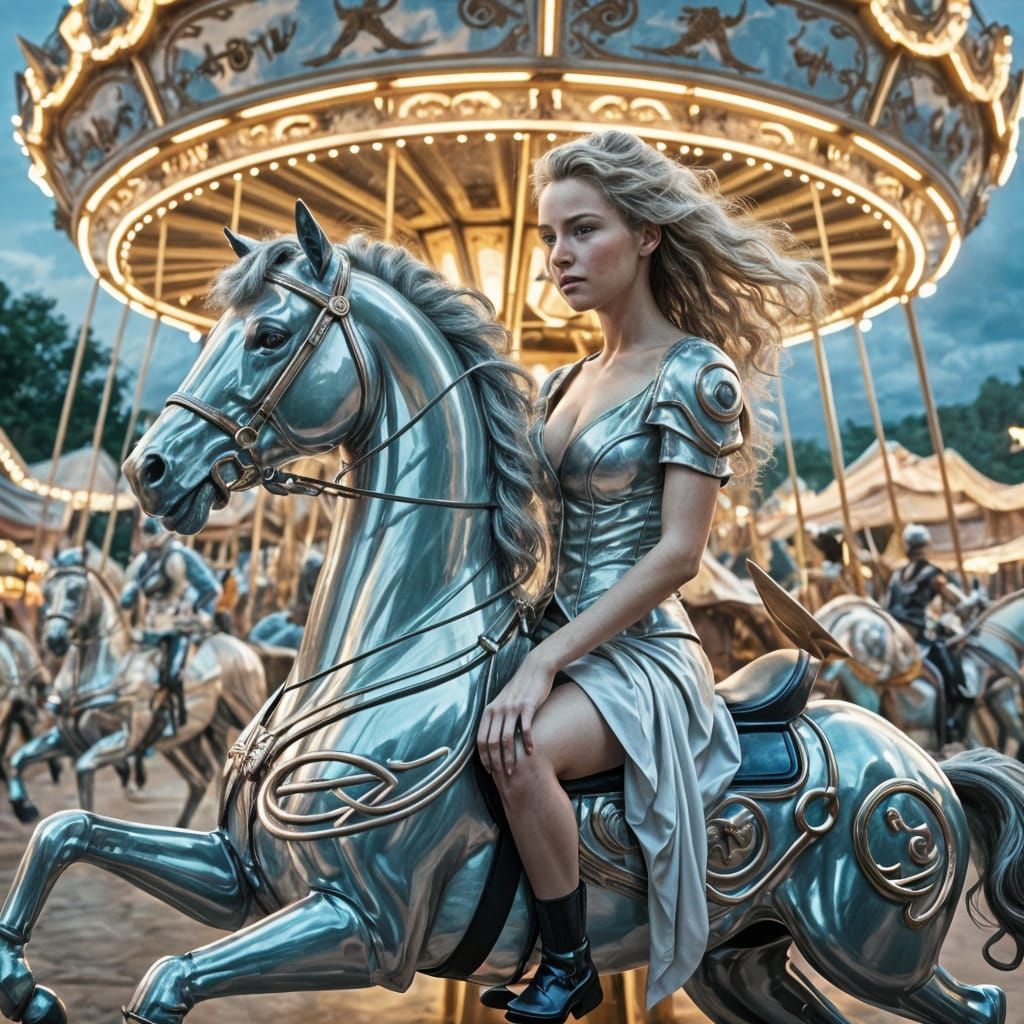 A stunning scene of a futuristic carousel in motion, featuring elegantly designed chrome horses and translucent glowing animals. At the fore...