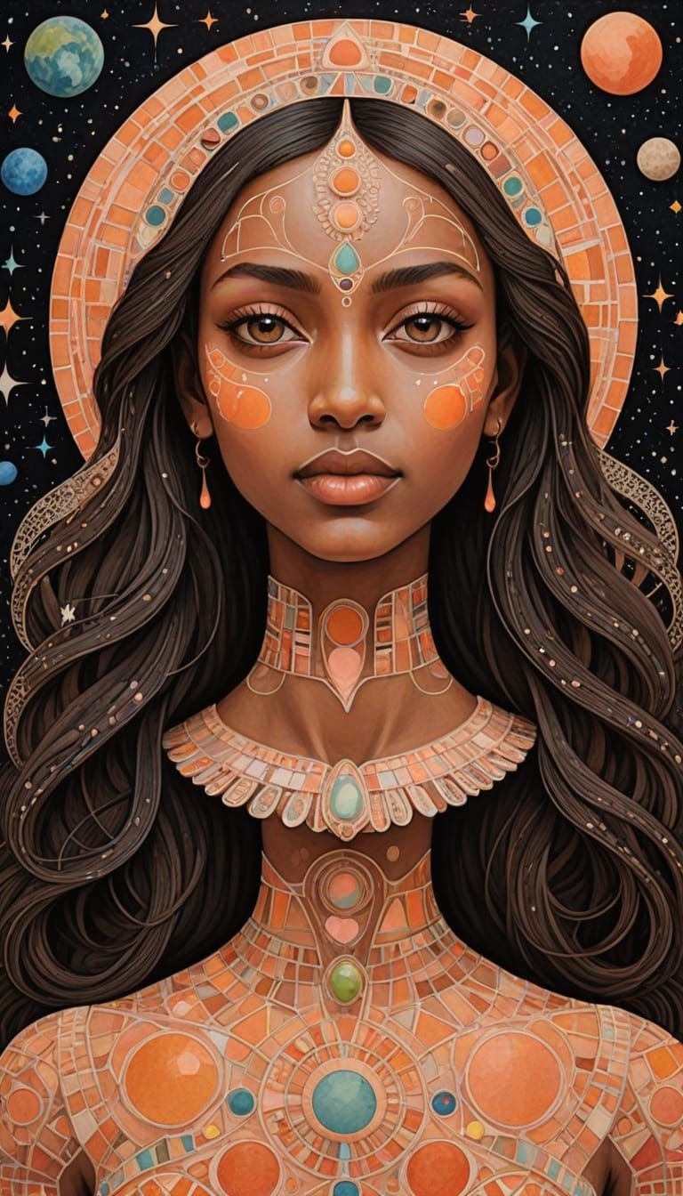 Symmetrical Lady in Vibrant Peach Tones with Cosmic Backgrou...