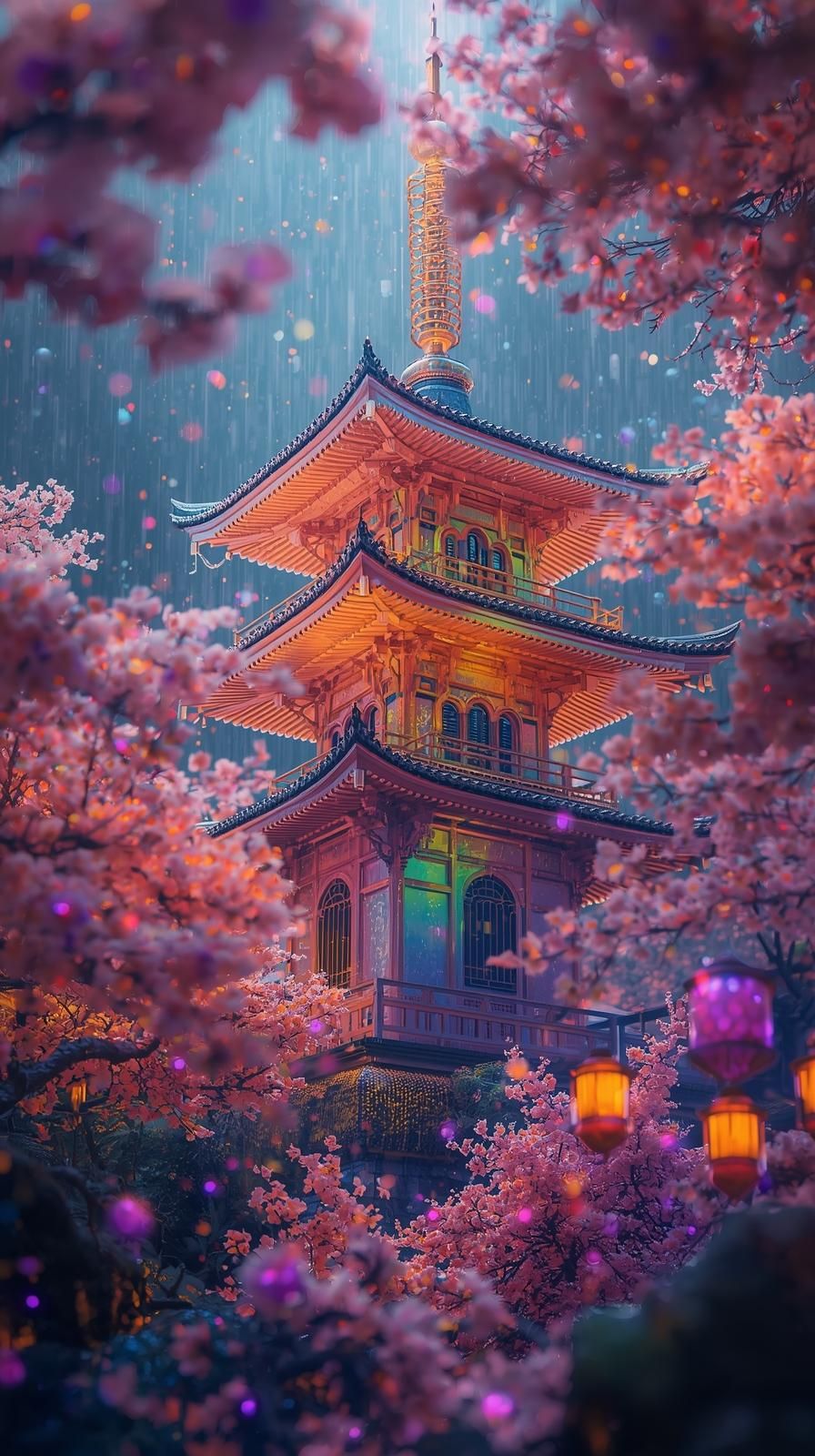 Blossoms and Lanterns; Rain-Kissed Calm
