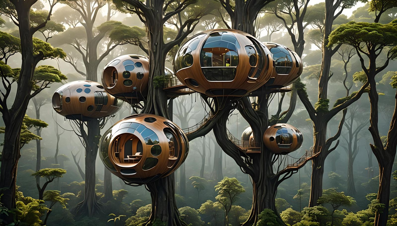 futuristic pods suspended from alien trees.
Scenes with gravity-defying treehouses sitting on towering ...  by @Jokavld