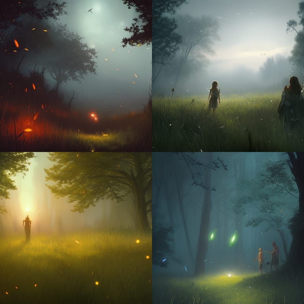 Fireflies fly over the grass