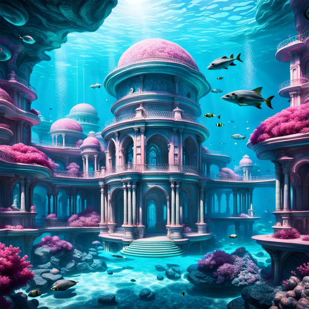 busy futuristic hi-tech underwater. furnished pink stone pal...