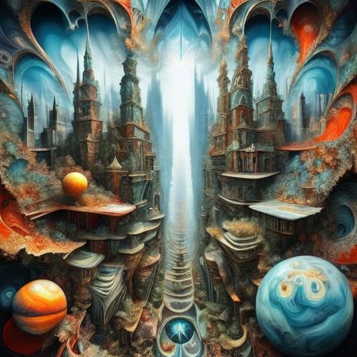 Digital Photo-illustration :: Fantasy fractal cityscape :: otherworldly,  3d, hyperrealistic, 
hyperdetailed, sharp :: stunning, iridescent,...