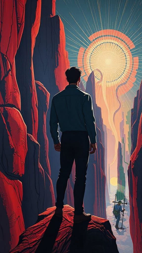 Staring From the Outside Moebius contrasting colors tetradic colors deep color art deco detailed painting movie poster oil on canvas quillin...