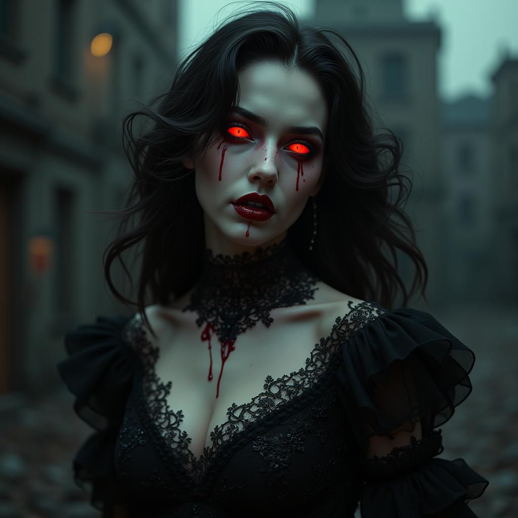 Female vampire blood red eyes and fingertips blood drip from h r lips she is in a state of euphoric contentmentafter ...  by @undefined