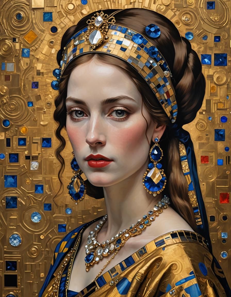 Johannes Vermeer's Girl with the Diamond Earring as painted by Gustav Klimt  by @AI Wannabe