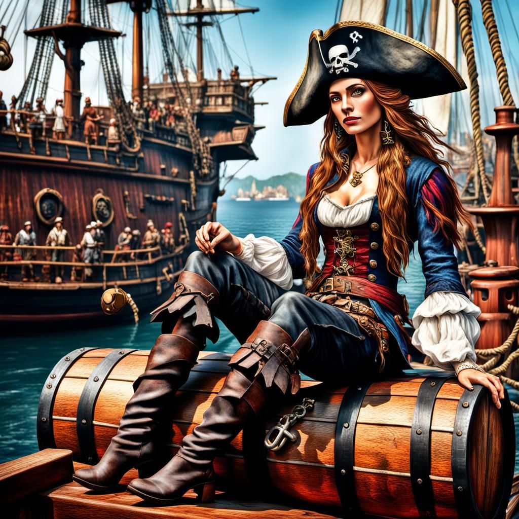 female pirate sitting on a barrel on the deck of a ship