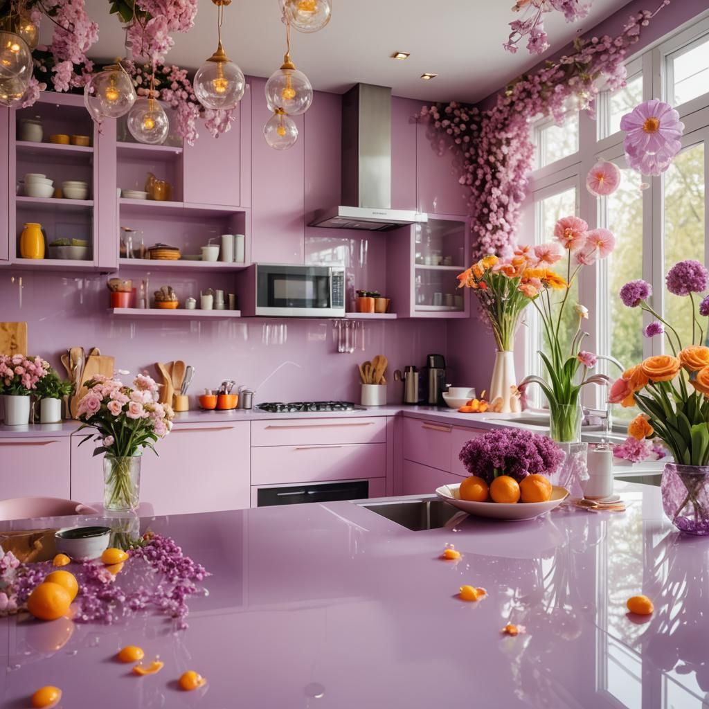 Luxury Plastic Kitchen with Pond and Colorful Accents