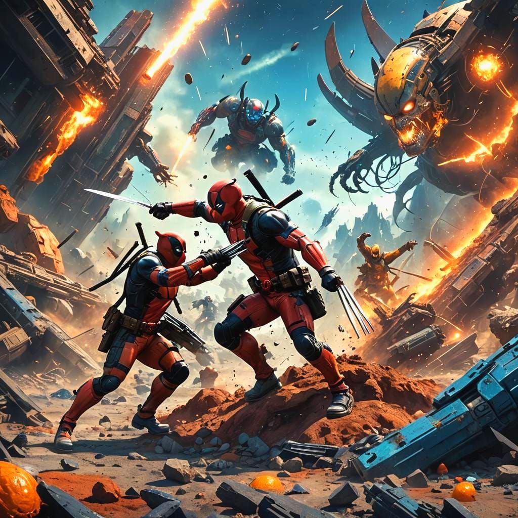 Deadpool and Wolverine Battle in a Galaxy, Detailed Painting