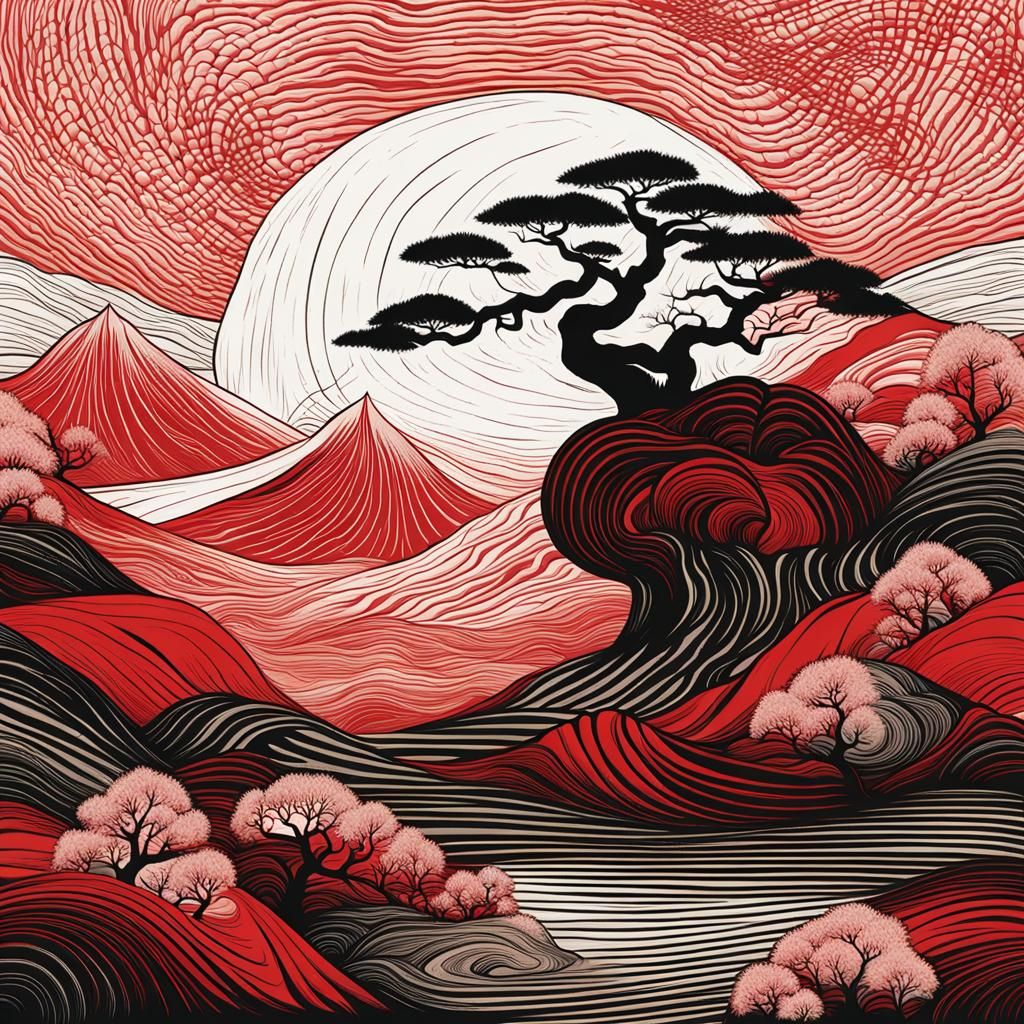 Barren landscape woodcut print of winter