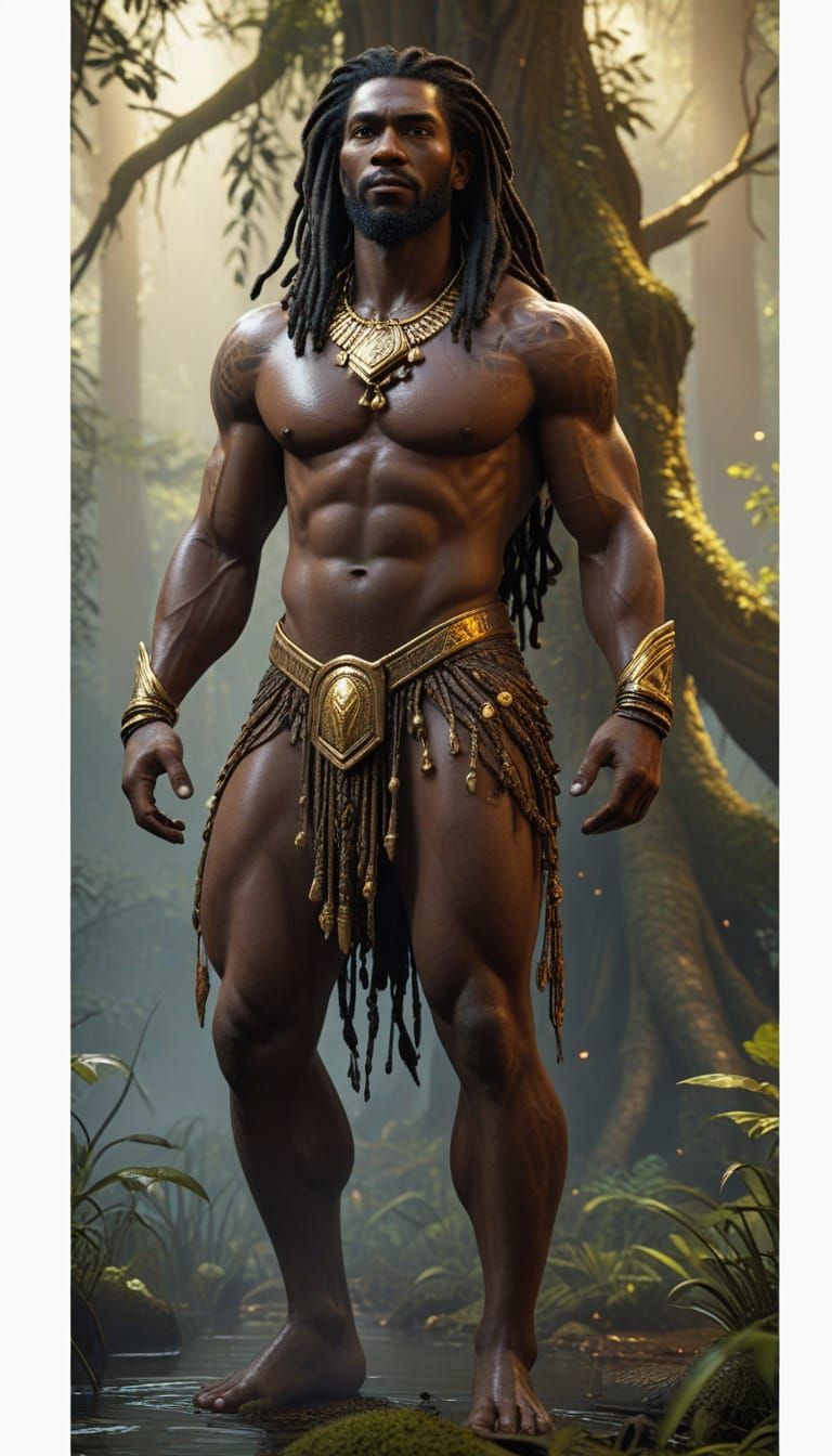 Nigerian Warrior Stands Before Pyramid in Dark Swamp Forest
