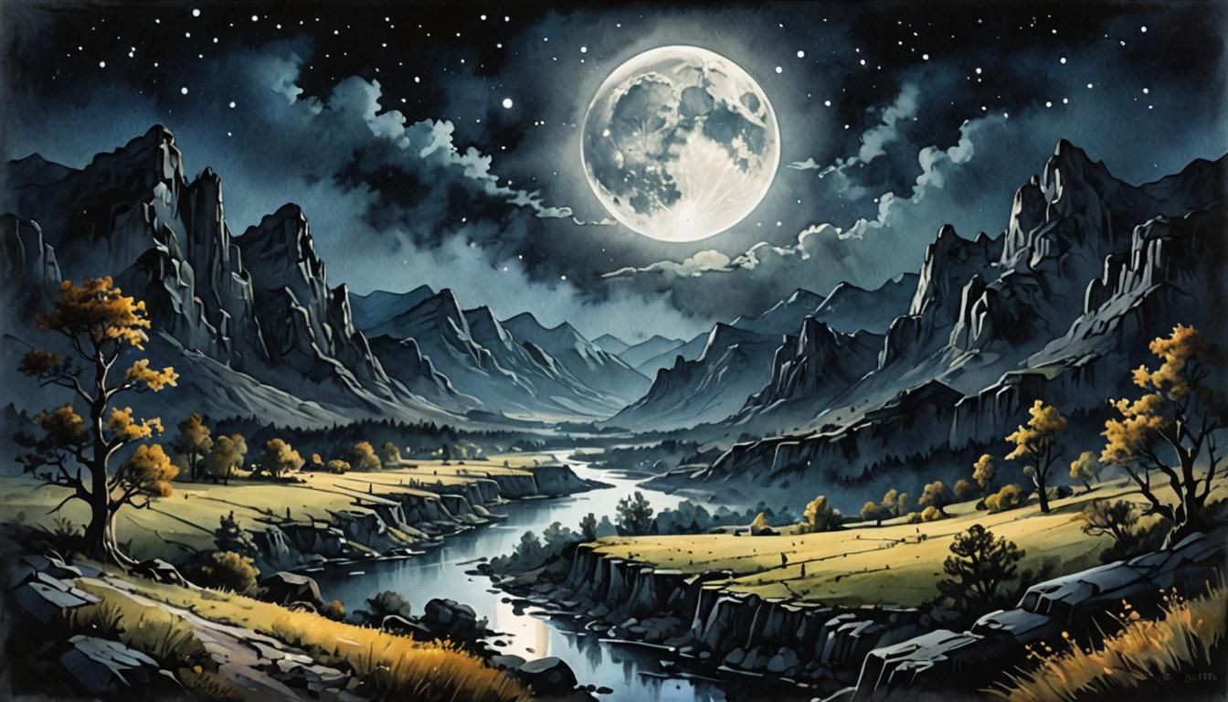 A bright full moon on a dark, starless night over a mythical valley watercolor airbrush art   by @Gorank