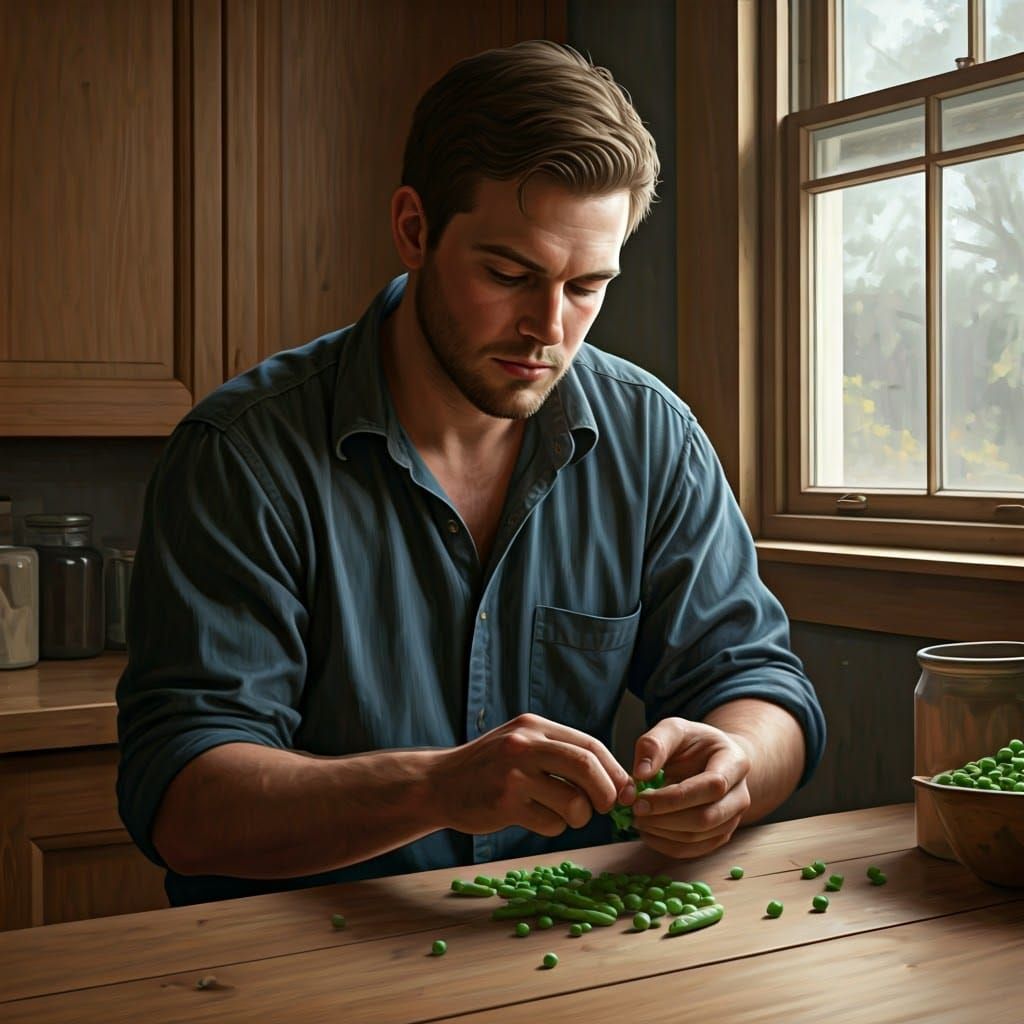 Young Man Shells Peas in Cozy Kitchen