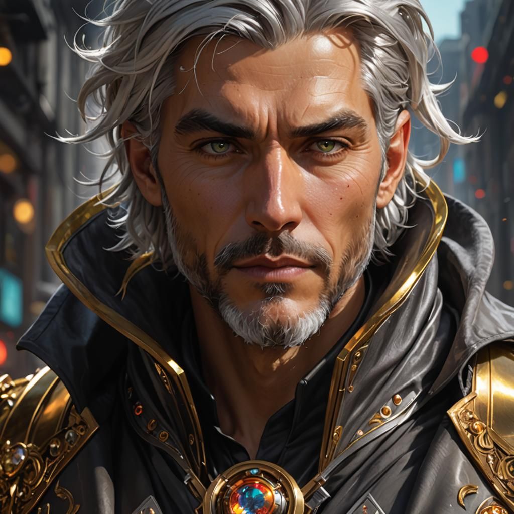 High sci-fi epic attractive male space wizard, silver hair, ...