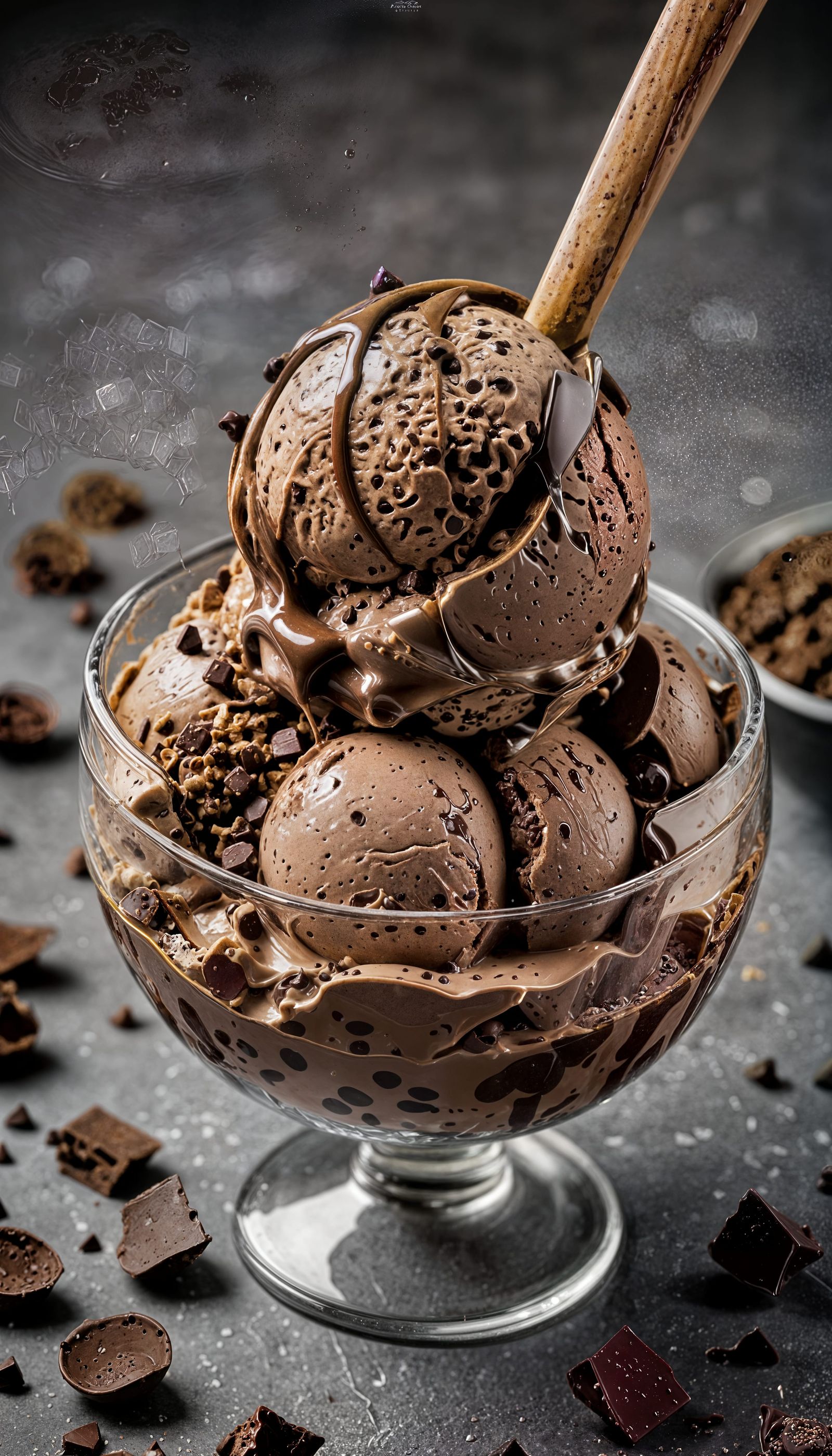 A scoop of Chocolate ice cream mixed with chocolate chips  by @Alan