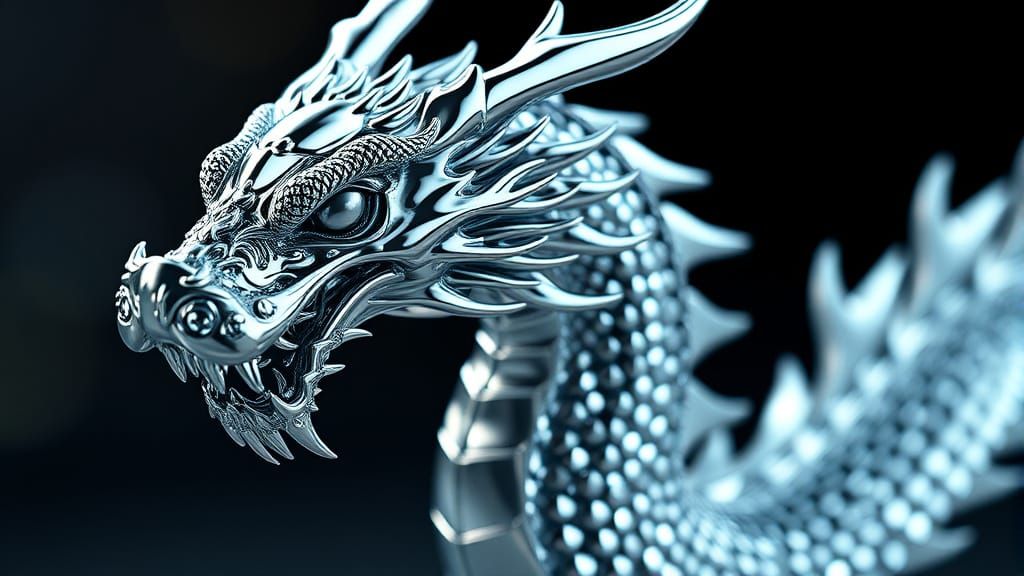 A close-up of an intricately detailed chrome dragon made from fine chrome with silver accents. The image ...  by @morr5750