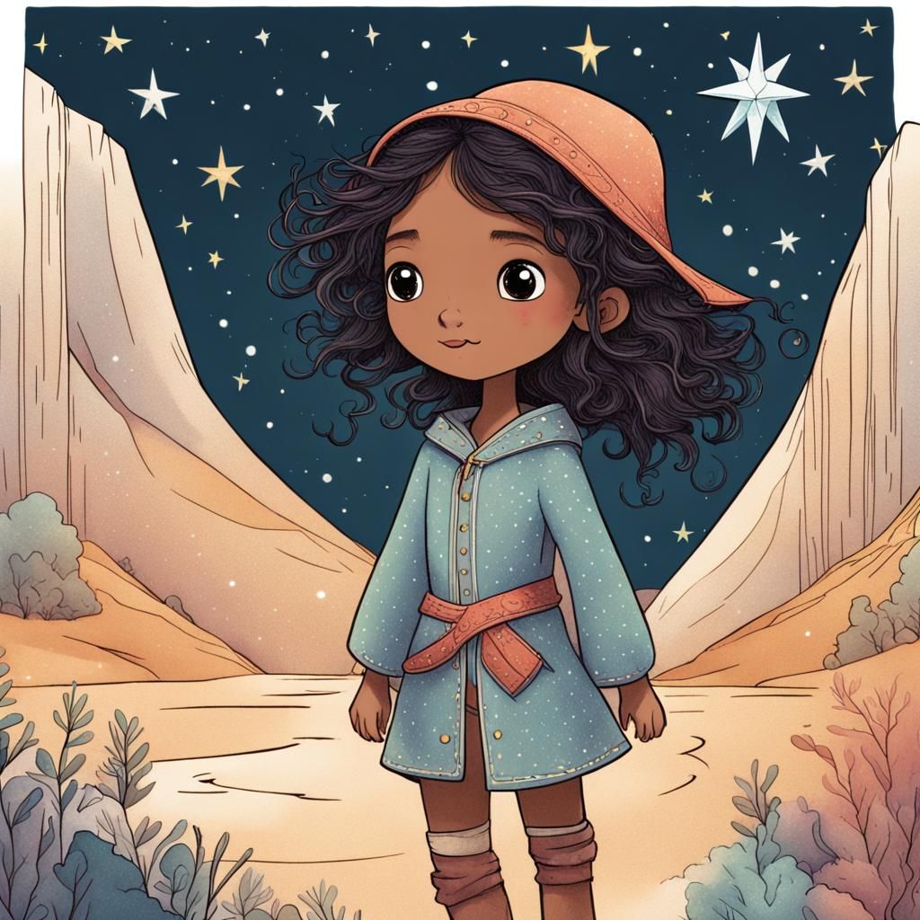 Illustrate Estrellita as the tiniest star, a bit shy but with a unique shimmer. Capture her journey of overcoming shynes...