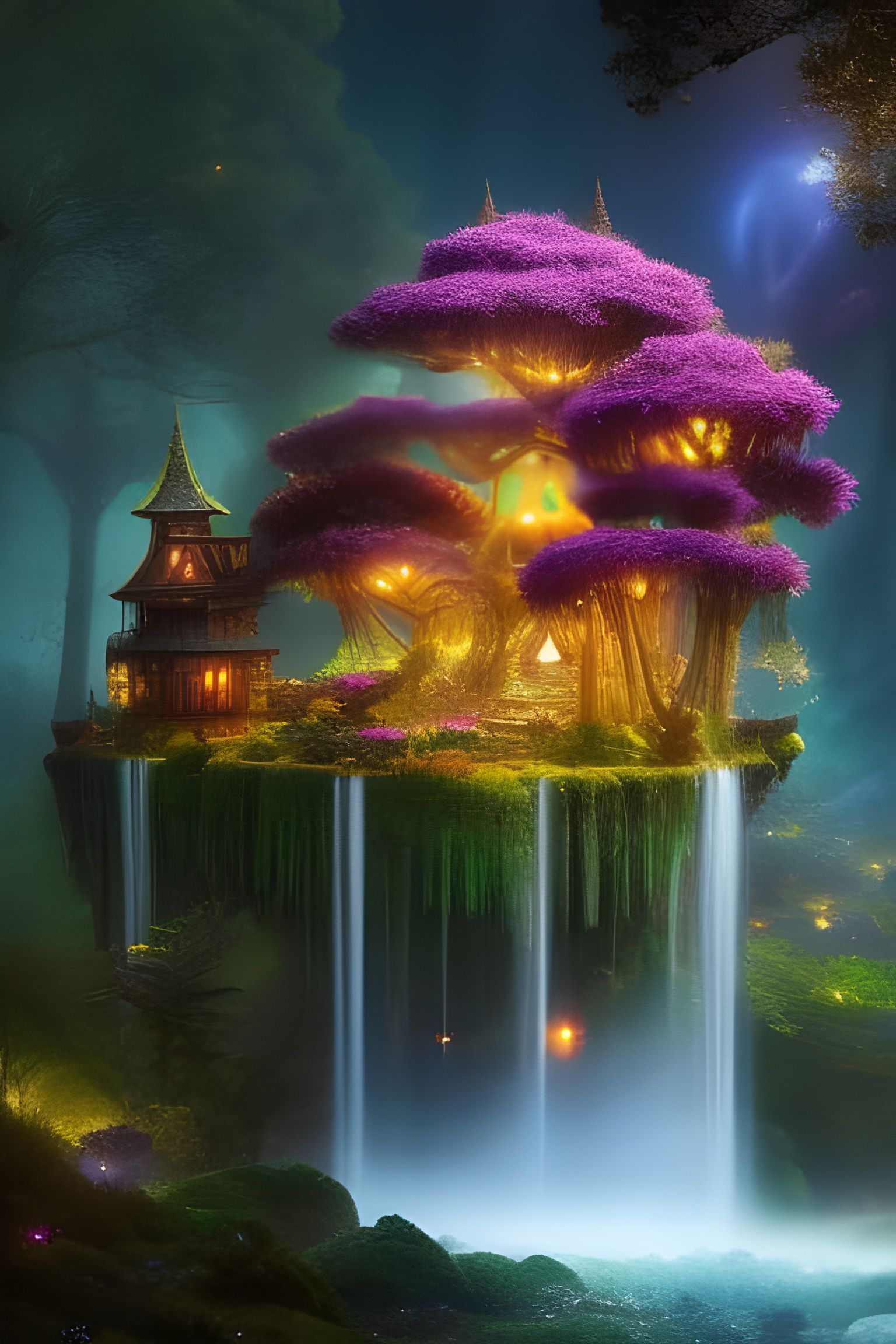 Magic treehouse with waterfalls - AI Generated Artwork - NightCafe Creator