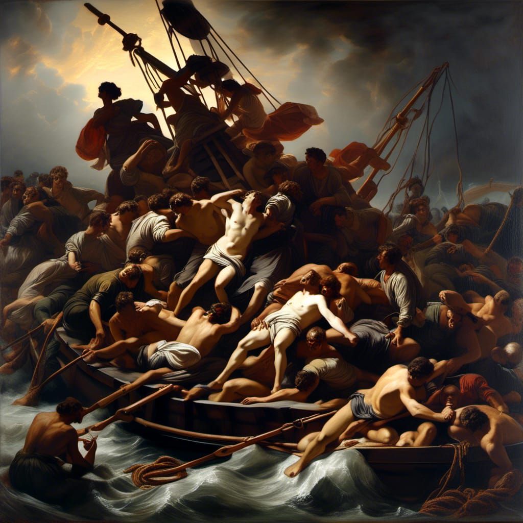 the raft. hyperdetailed academic art oil painting romantic movement rendition of "the raft of the medusa" famous 1818 painting by théodore g...