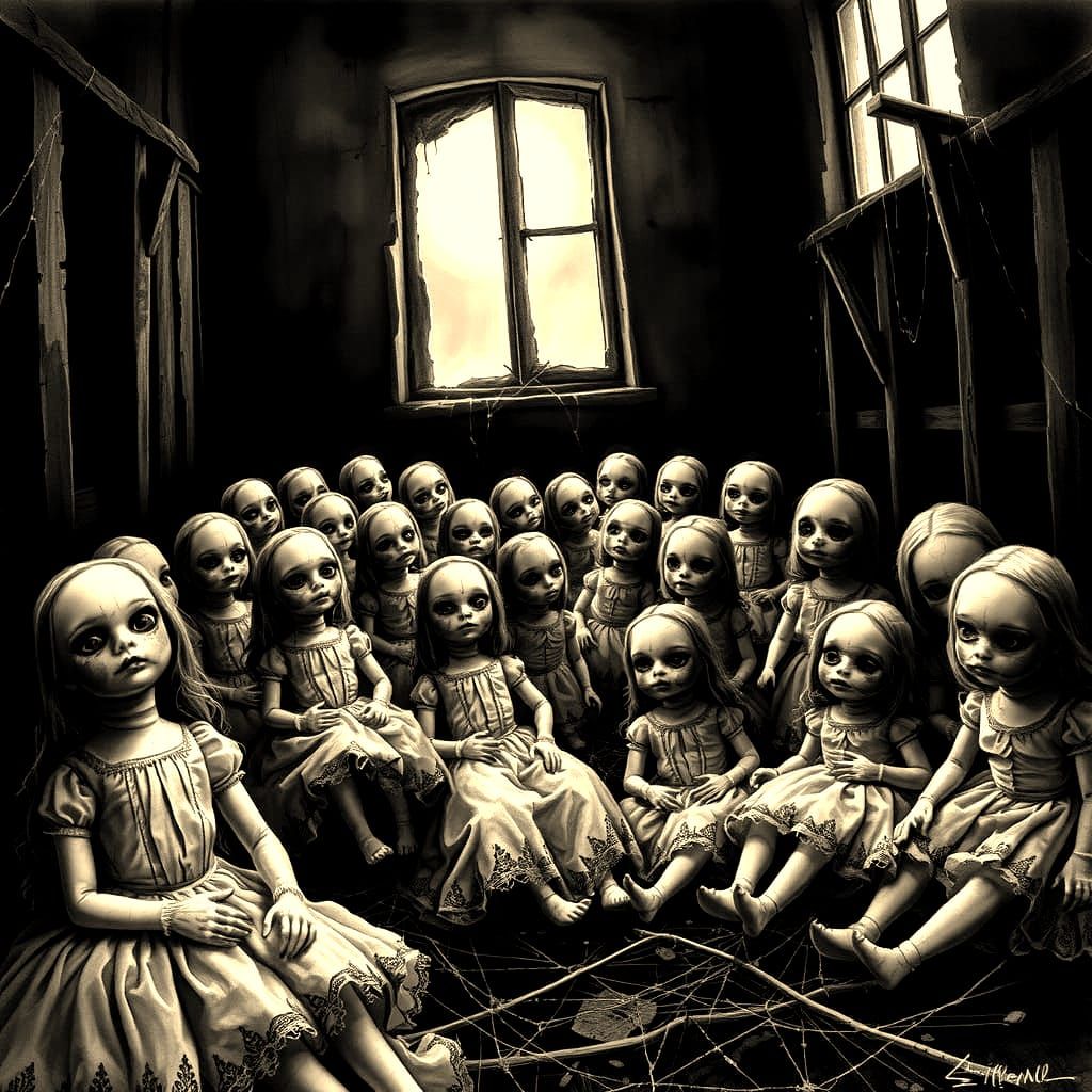 Forgotten Dolls in a Gothic Attic Scene